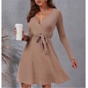 LAST CHANCE❗️ SHEIN Taupe Long Sleeve V-Neck Tie Waist Dress